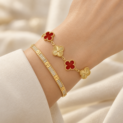[Love's Uplift]Clover & Love Diamond-Paved Radiant Line 2-Piece Bracelet Stack Set
