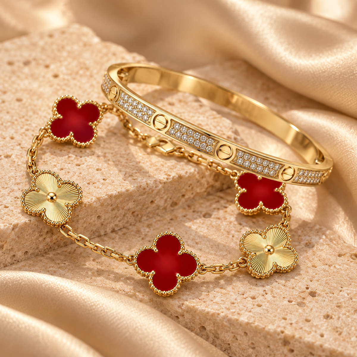 [Love's Uplift]Clover & Love Diamond-Paved Radiant Line 2-Piece Bracelet Stack Set