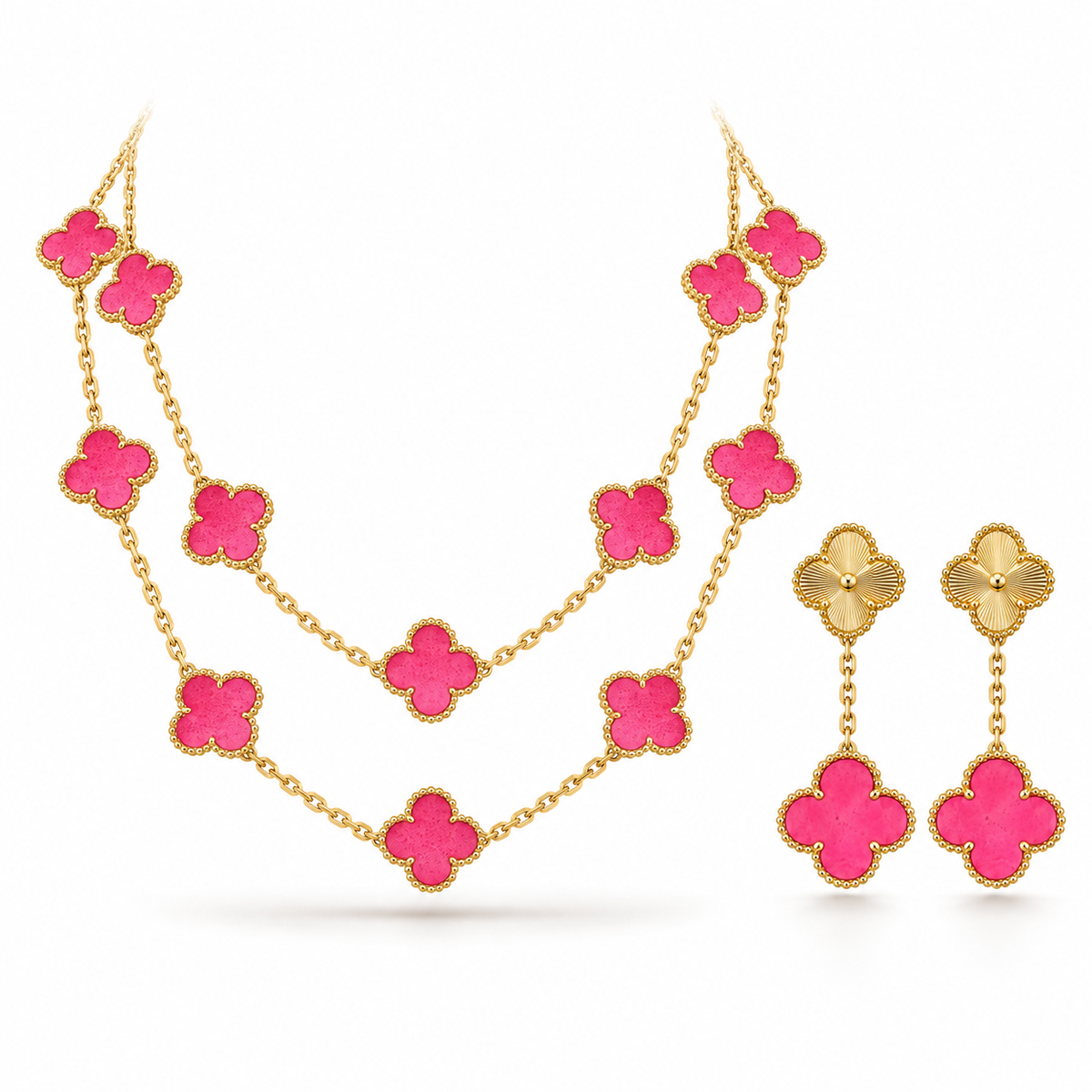 [Love's Uplift]Clover Pink Enamel Necklace & Earring Jewelry Set