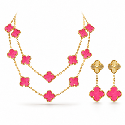 [Love's Uplift]Clover Pink Enamel Necklace & Earring Jewelry Set
