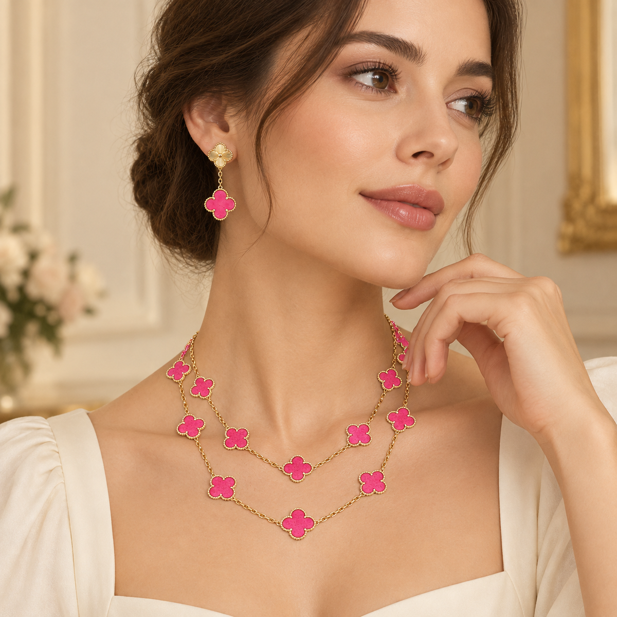 [Love's Uplift]Clover Pink Enamel Necklace & Earring Jewelry Set