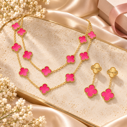 [Love's Uplift]Clover Pink Enamel Necklace & Earring Jewelry Set