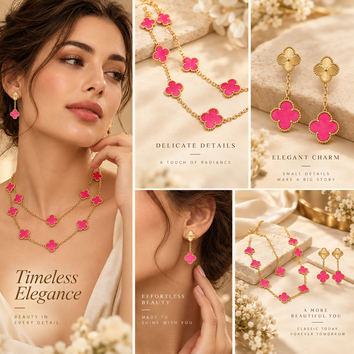 [Love's Uplift]Clover Pink Enamel Necklace & Earring Jewelry Set