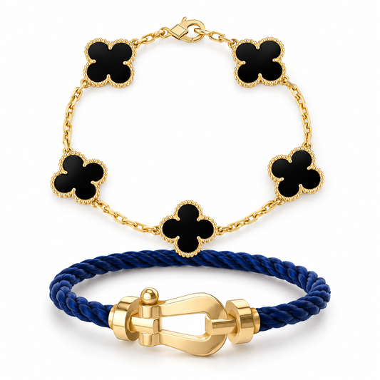 [Love's Uplift]Force Horseshoe & Clover 5 Motifs Bracelet Stack Set