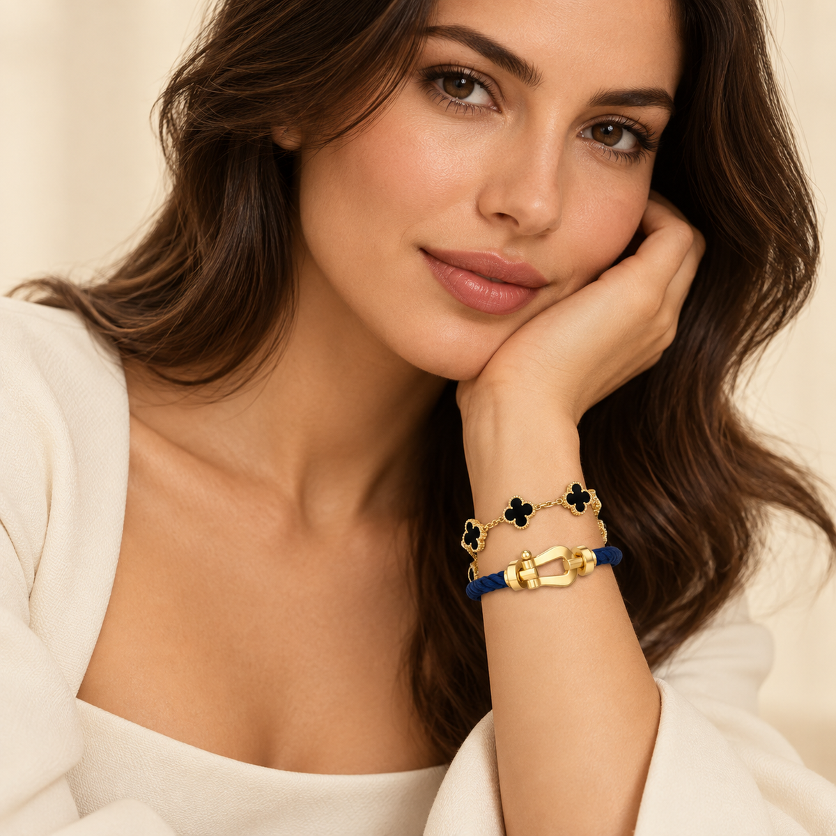[Love's Uplift]Force Horseshoe & Clover 5 Motifs Bracelet Stack Set