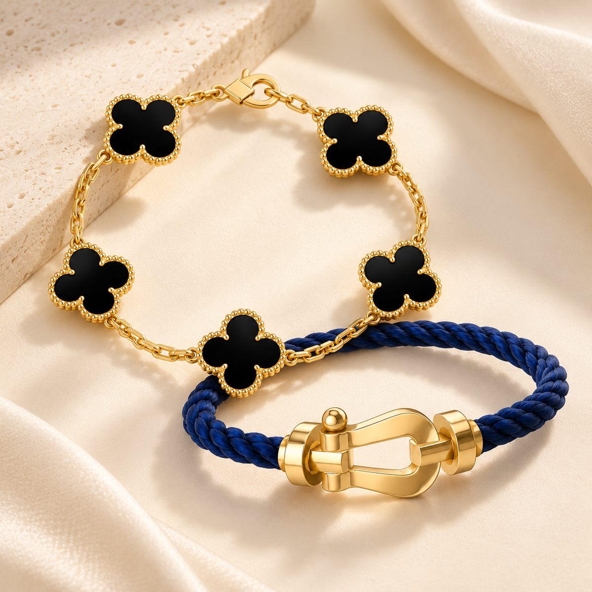 [Love's Uplift]Force Horseshoe & Clover 5 Motifs Bracelet Stack Set