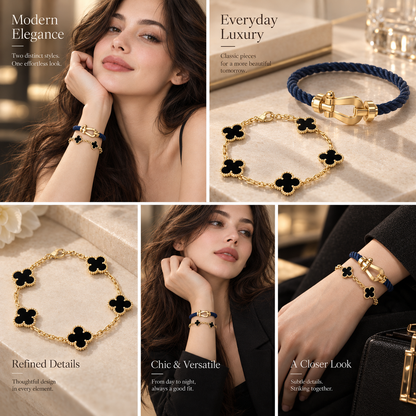 [Love's Uplift]Force Horseshoe & Clover 5 Motifs Bracelet Stack Set