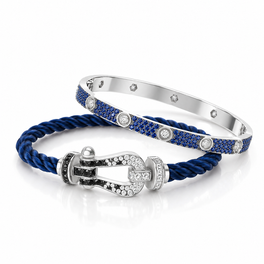 [Love's Uplift]Pave Gemstone Love &Force Large Horseshoe Diamond Duo Bracelet Stack Set