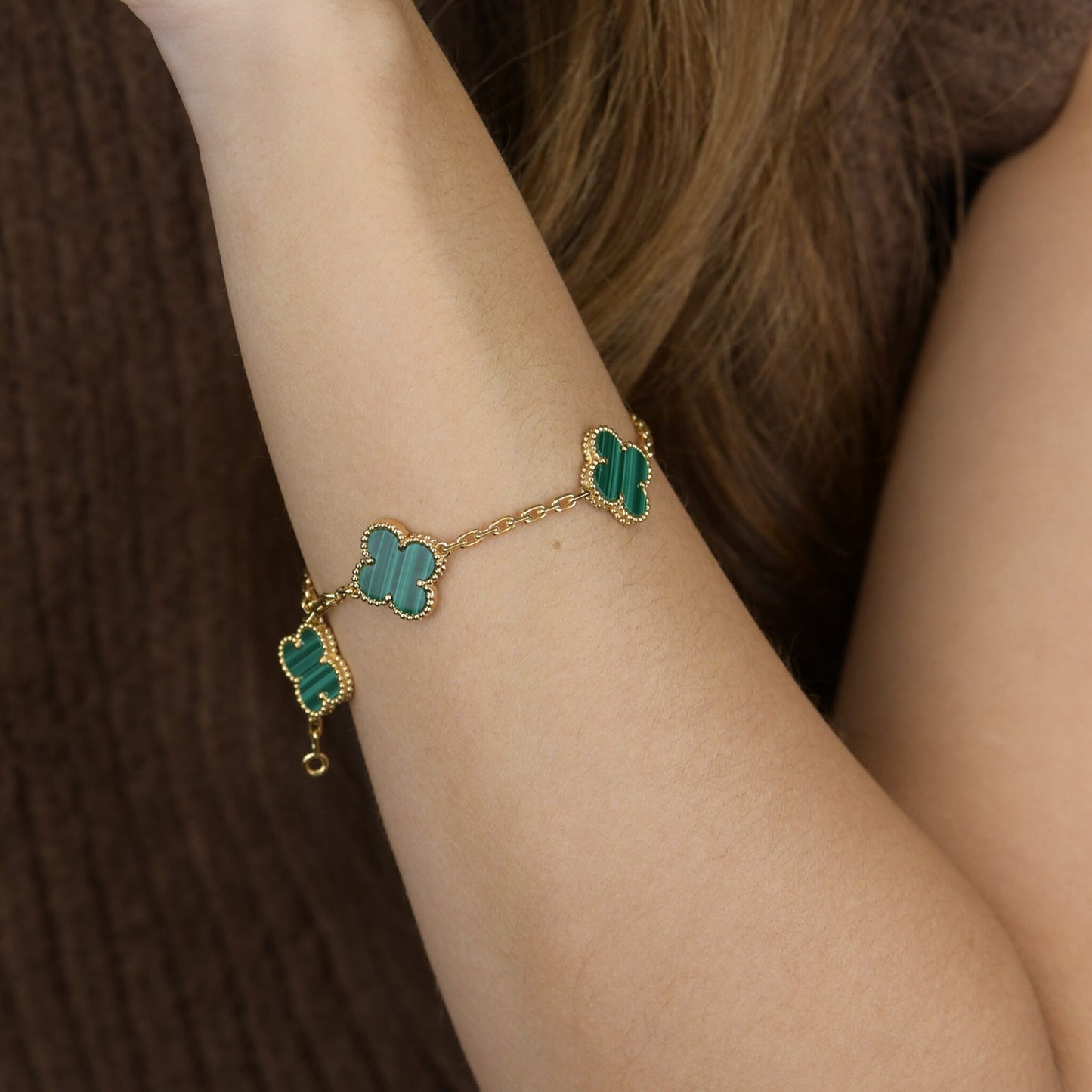 [Love's Uplift]CLOVER 5 MOTIFS MALACHITE BRACELET