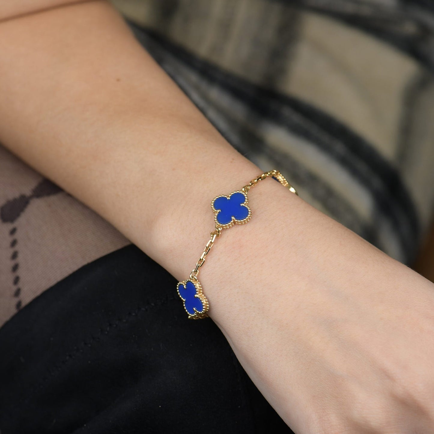 [Love's Uplift]CLOVER 5 MOTIFS BLUE AGATE BRACELET
