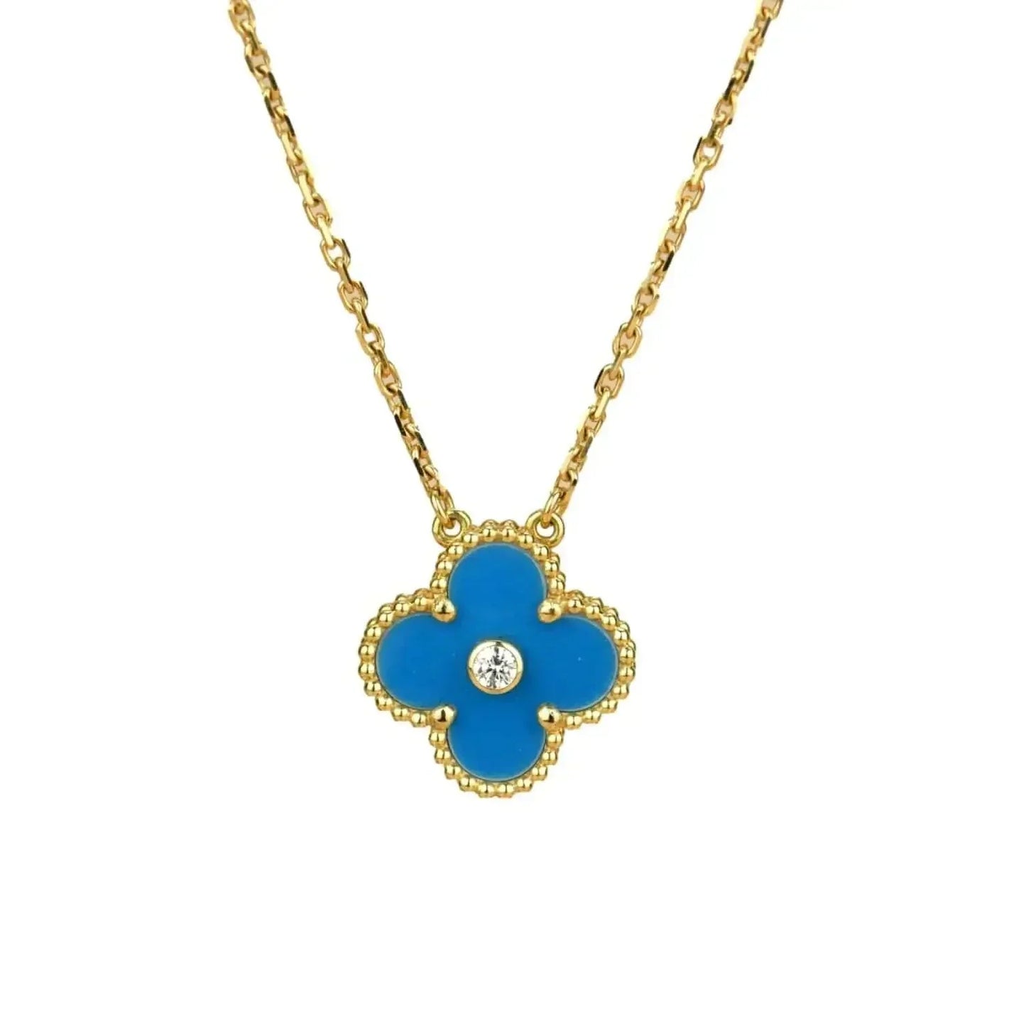 [Love's Uplift]CLOVER 15MM DIAMOND AND BLUE AGATE NECKLACE