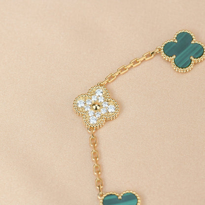 [Love's Uplift]CLOVER  5 MOTIF MALACHITE DIAMOND BRACELET