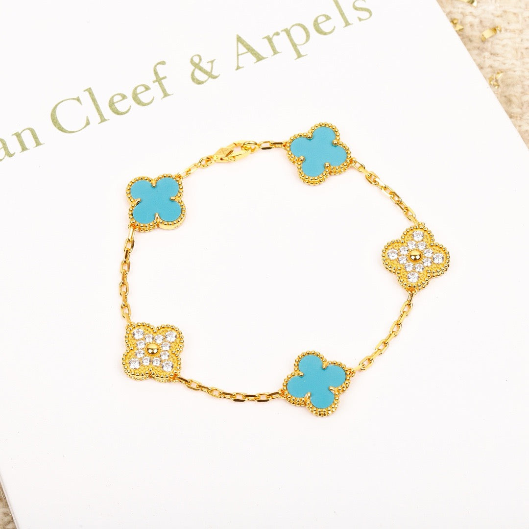 [Love's Uplift]CLOVER 5 MOTIF TURQUOISE DIAMOND GOLD BRACELET