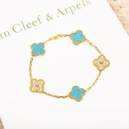 [Love's Uplift]CLOVER 5 MOTIF TURQUOISE DIAMOND GOLD BRACELET