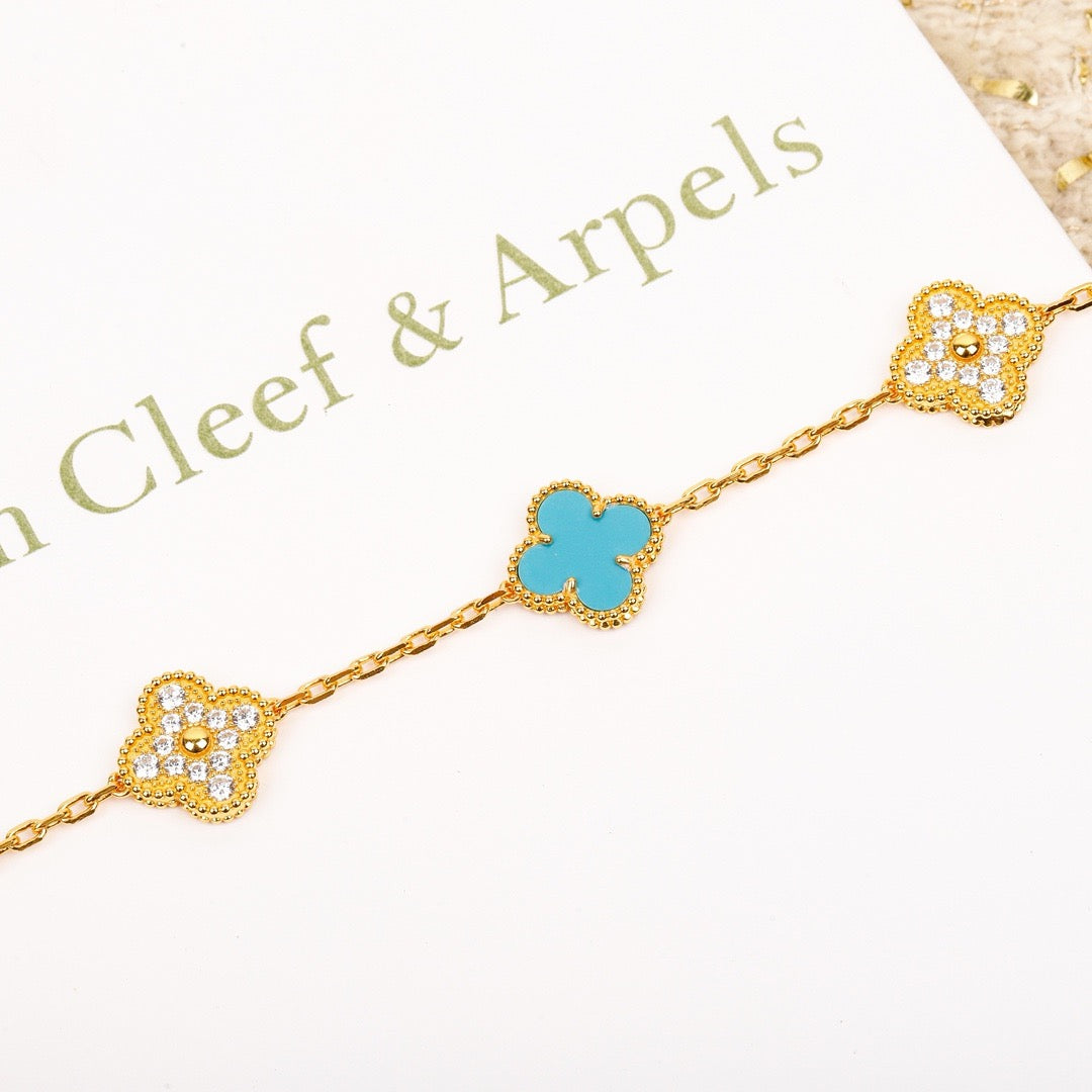 [Love's Uplift]CLOVER 5 MOTIF TURQUOISE DIAMOND GOLD BRACELET