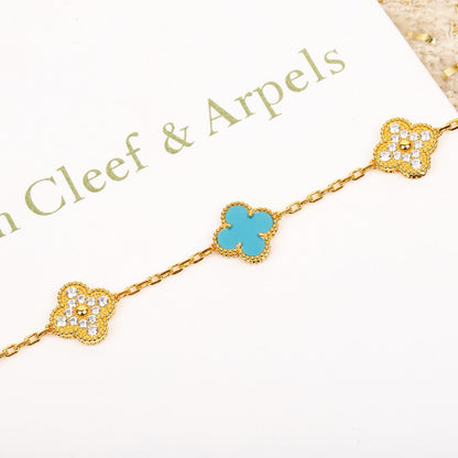 [Love's Uplift]CLOVER 5 MOTIF TURQUOISE DIAMOND GOLD BRACELET