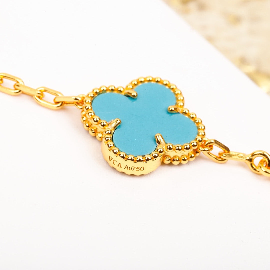 [Love's Uplift]CLOVER 5 MOTIF TURQUOISE DIAMOND GOLD BRACELET
