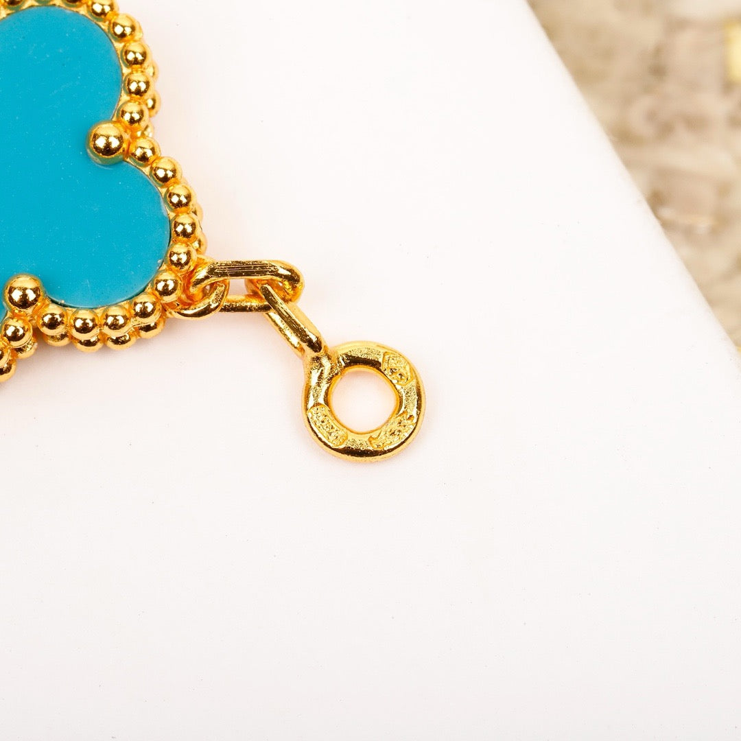 [Love's Uplift]CLOVER 5 MOTIF TURQUOISE DIAMOND GOLD BRACELET