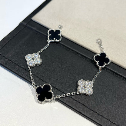 [Love's Uplift]CLOVER 5 MOTIF ONYXS DIAMOND BRACELET SILVER