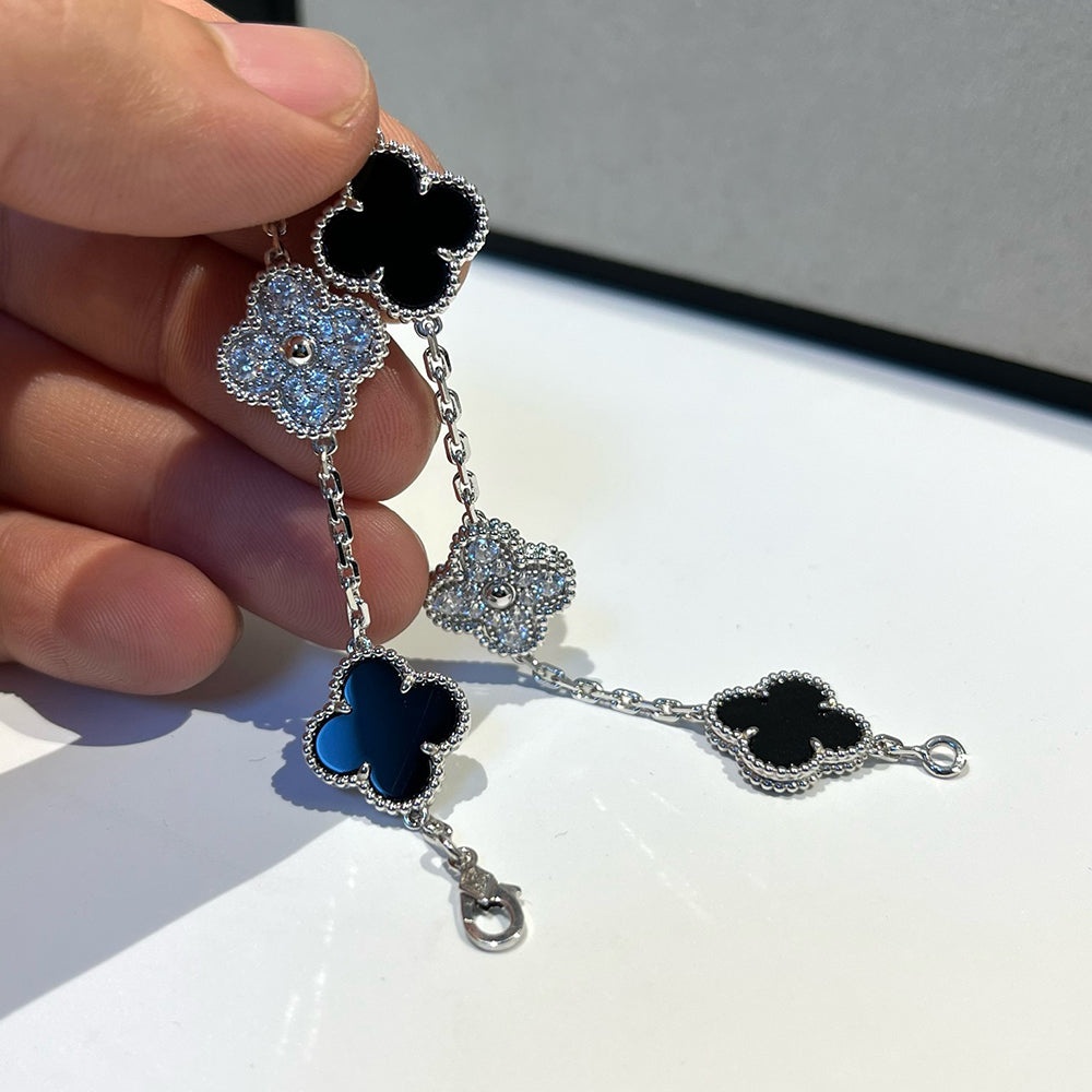 [Love's Uplift]CLOVER 5 MOTIF ONYXS DIAMOND BRACELET SILVER