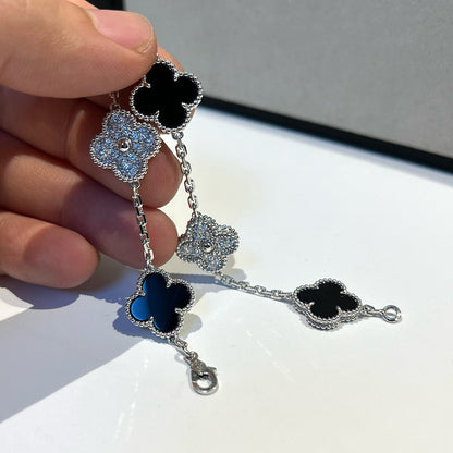 [Love's Uplift]CLOVER 5 MOTIF ONYXS DIAMOND BRACELET SILVER
