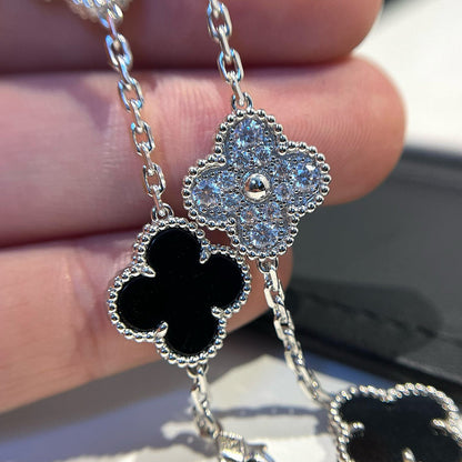 [Love's Uplift]CLOVER 5 MOTIF ONYXS DIAMOND BRACELET SILVER