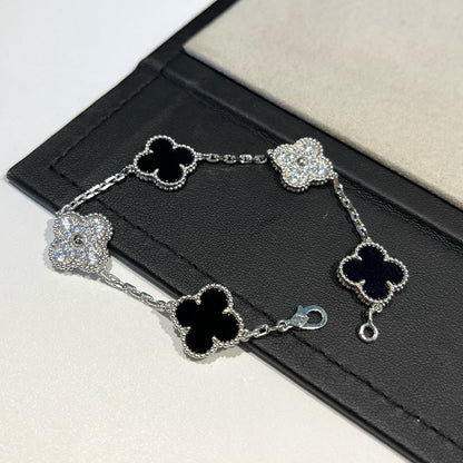 [Love's Uplift]CLOVER 5 MOTIF ONYXS DIAMOND BRACELET SILVER