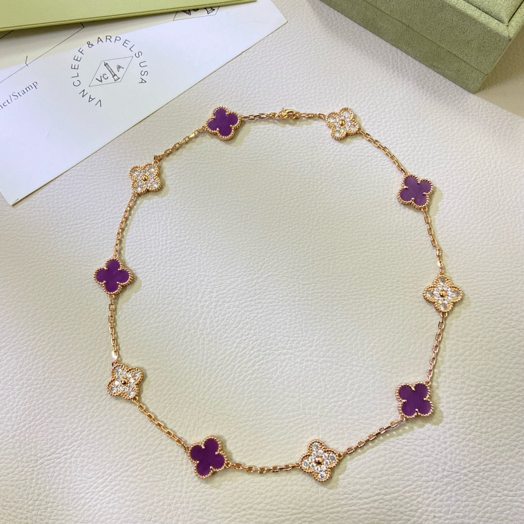 [Love's Uplift]CLOVER 10 MOTIFS  PURPLE VIOLET DIAMOND NECKLACE