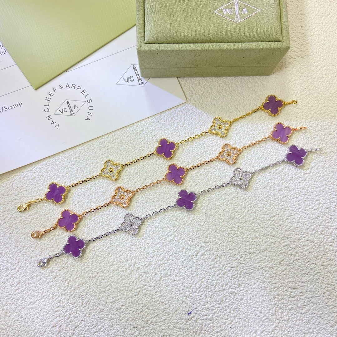 [Love's Uplift]CLOVER  5 MOTIFS  PURPLE VIOLET DIAMOND BRACELET
