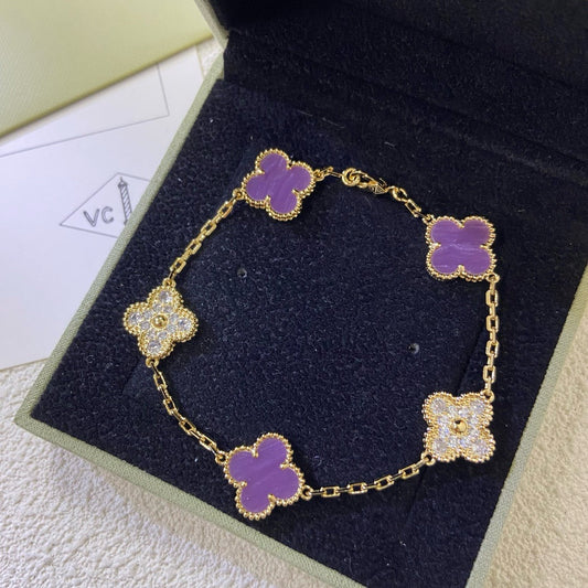 [Love's Uplift]CLOVER  5 MOTIFS  PURPLE VIOLET DIAMOND BRACELET