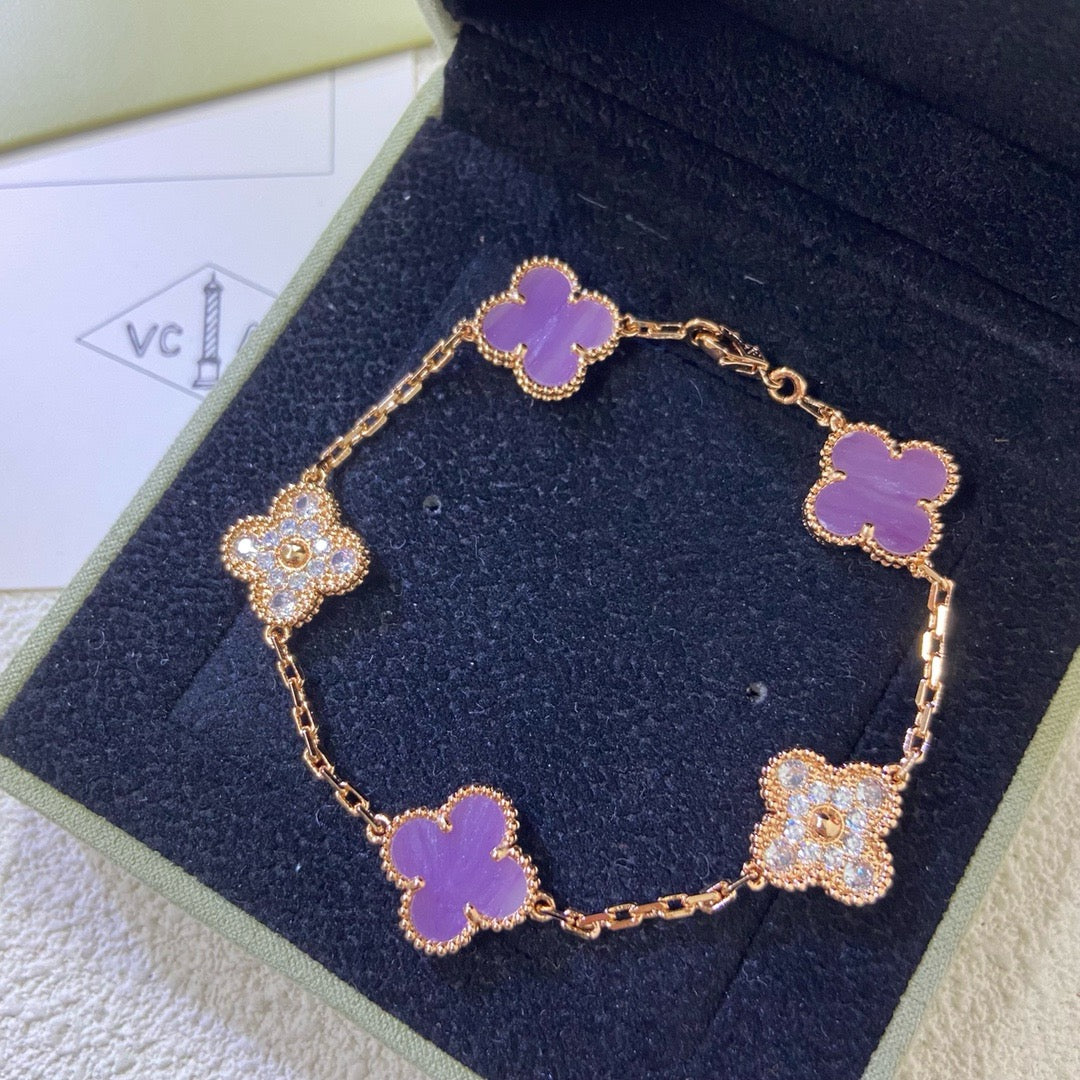 [Love's Uplift]CLOVER  5 MOTIFS  PURPLE VIOLET DIAMOND BRACELET