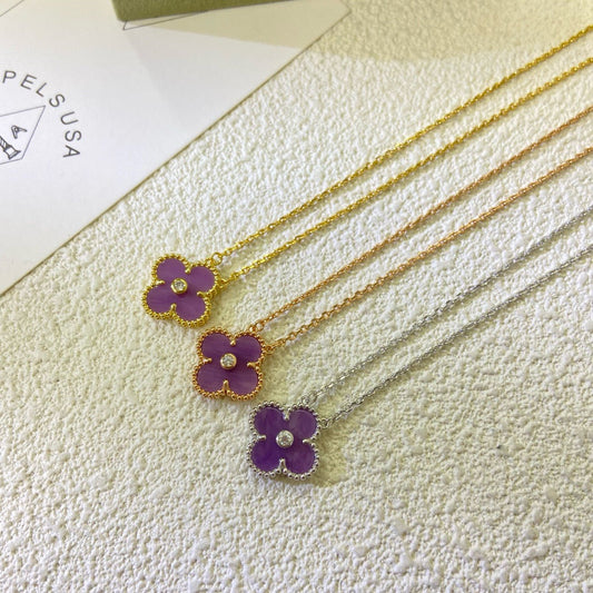 [Love's Uplift]CLOVER 15MM DIAMOND  PURPLE VIOLET NECKLACE