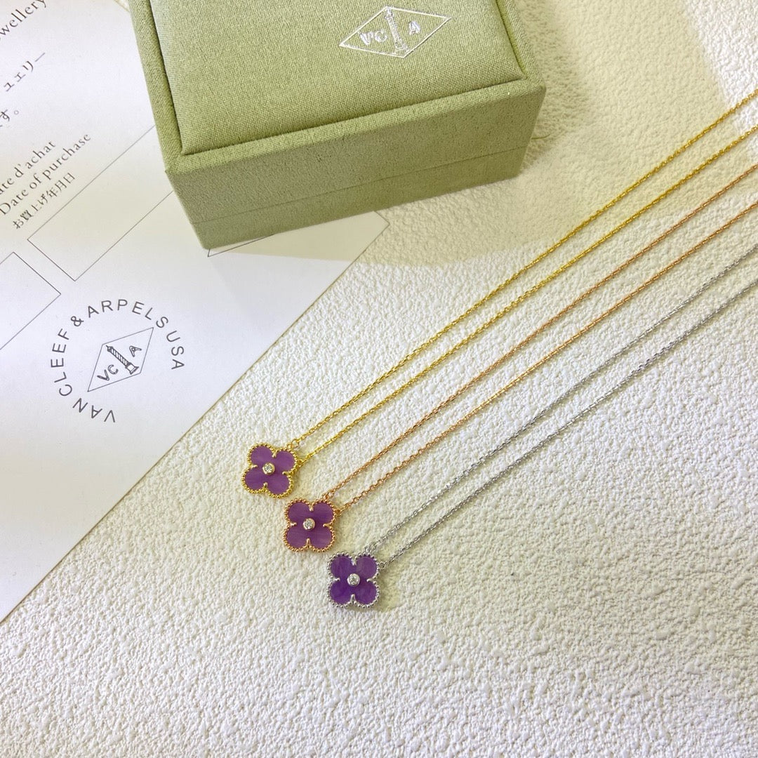 [Love's Uplift]CLOVER 15MM DIAMOND  PURPLE VIOLET NECKLACE
