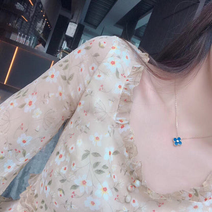 [Love's Uplift]CLOVER 15MM DIAMOND AND BLUE AGATE NECKLACE