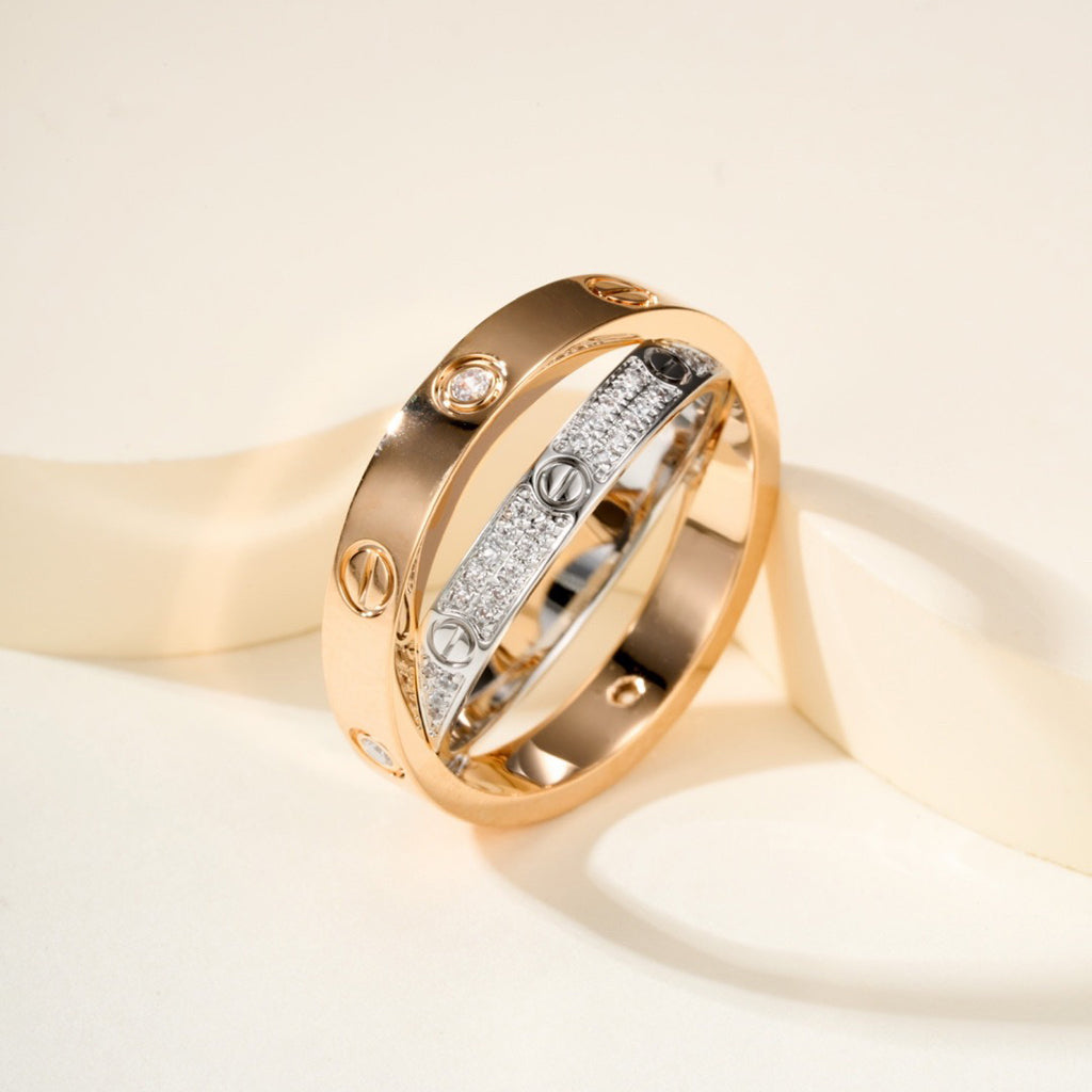 [Love's Uplift]LOVE PINK GOLD SILVER DIAMOND DOUBLE RING