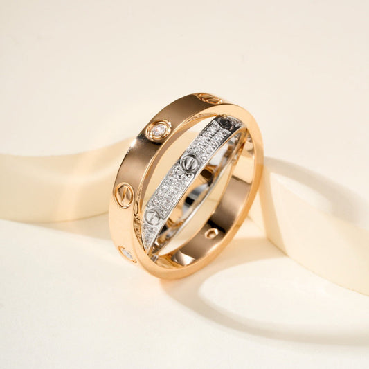 [Love's Uplift]LOVE PINK GOLD SILVER DIAMOND DOUBLE RING
