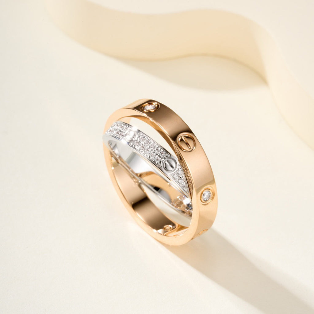 [Love's Uplift]LOVE PINK GOLD SILVER DIAMOND DOUBLE RING