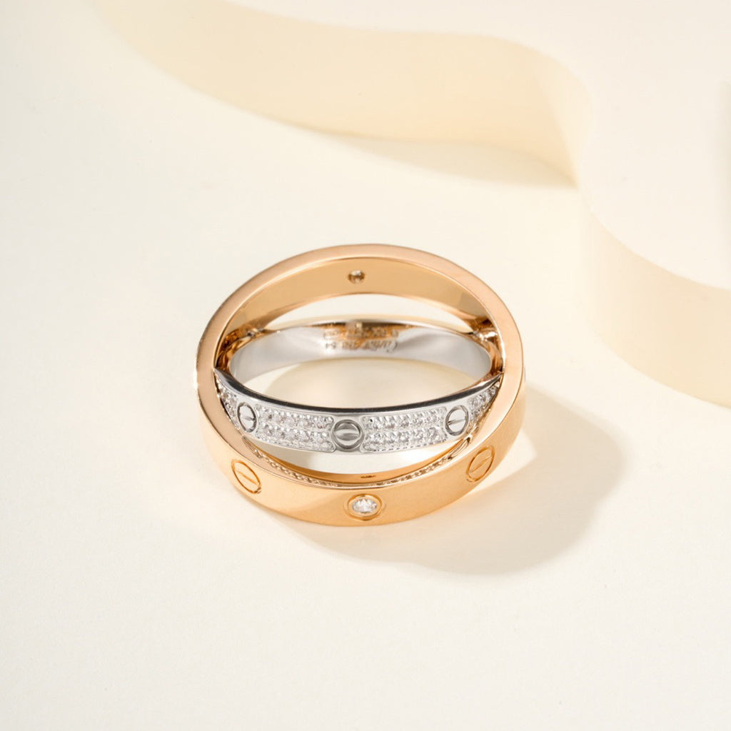 [Love's Uplift]LOVE PINK GOLD SILVER DIAMOND DOUBLE RING