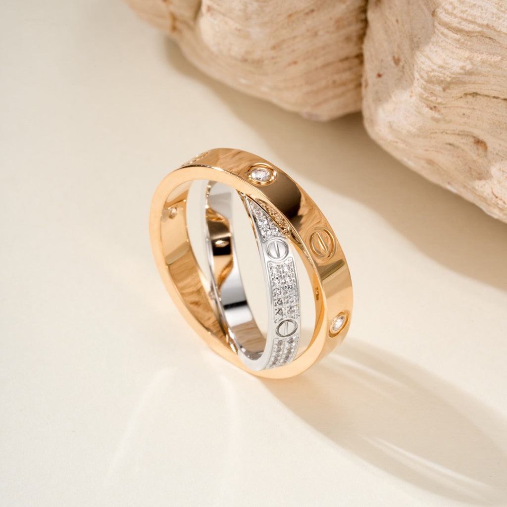 [Love's Uplift]LOVE PINK GOLD SILVER DIAMOND DOUBLE RING
