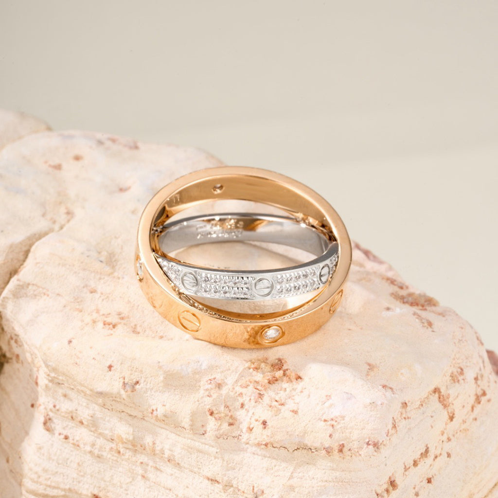 [Love's Uplift]LOVE PINK GOLD SILVER DIAMOND DOUBLE RING