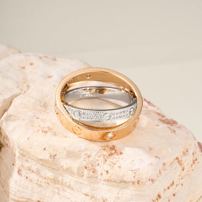 [Love's Uplift]LOVE PINK GOLD SILVER DIAMOND DOUBLE RING