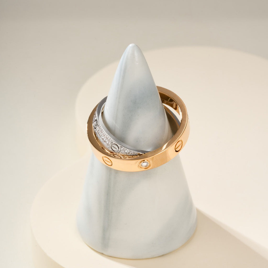 [Love's Uplift]LOVE PINK GOLD SILVER DIAMOND DOUBLE RING