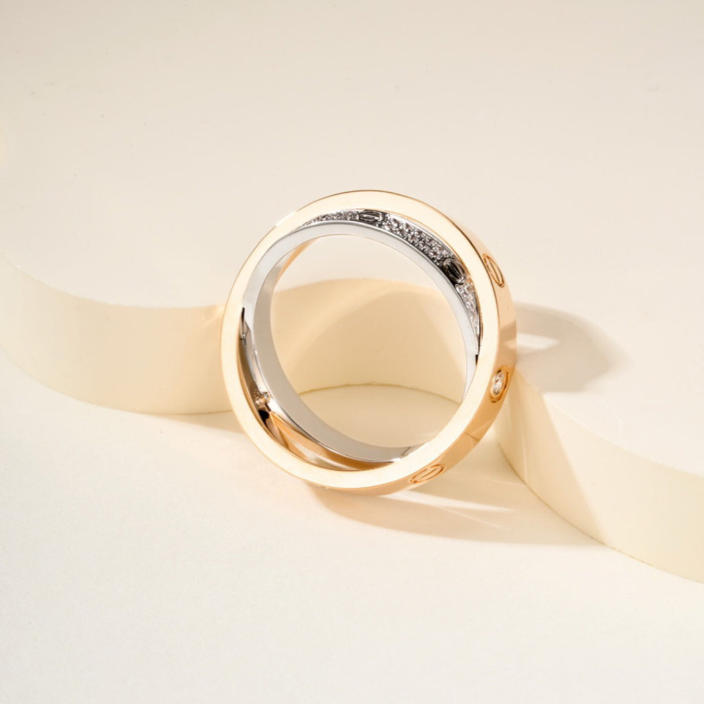 [Love's Uplift]LOVE PINK GOLD SILVER DIAMOND DOUBLE RING