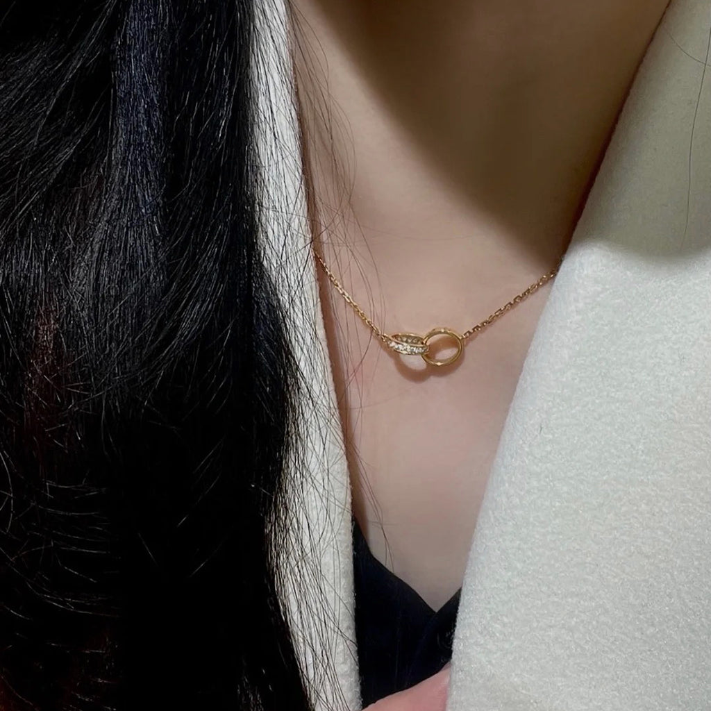 [Love's Uplift]LOVE DOUBLE RING HALF DIAMOND NECKLACE