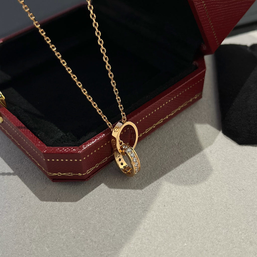 [Love's Uplift]LOVE DOUBLE RING HALF DIAMOND NECKLACE