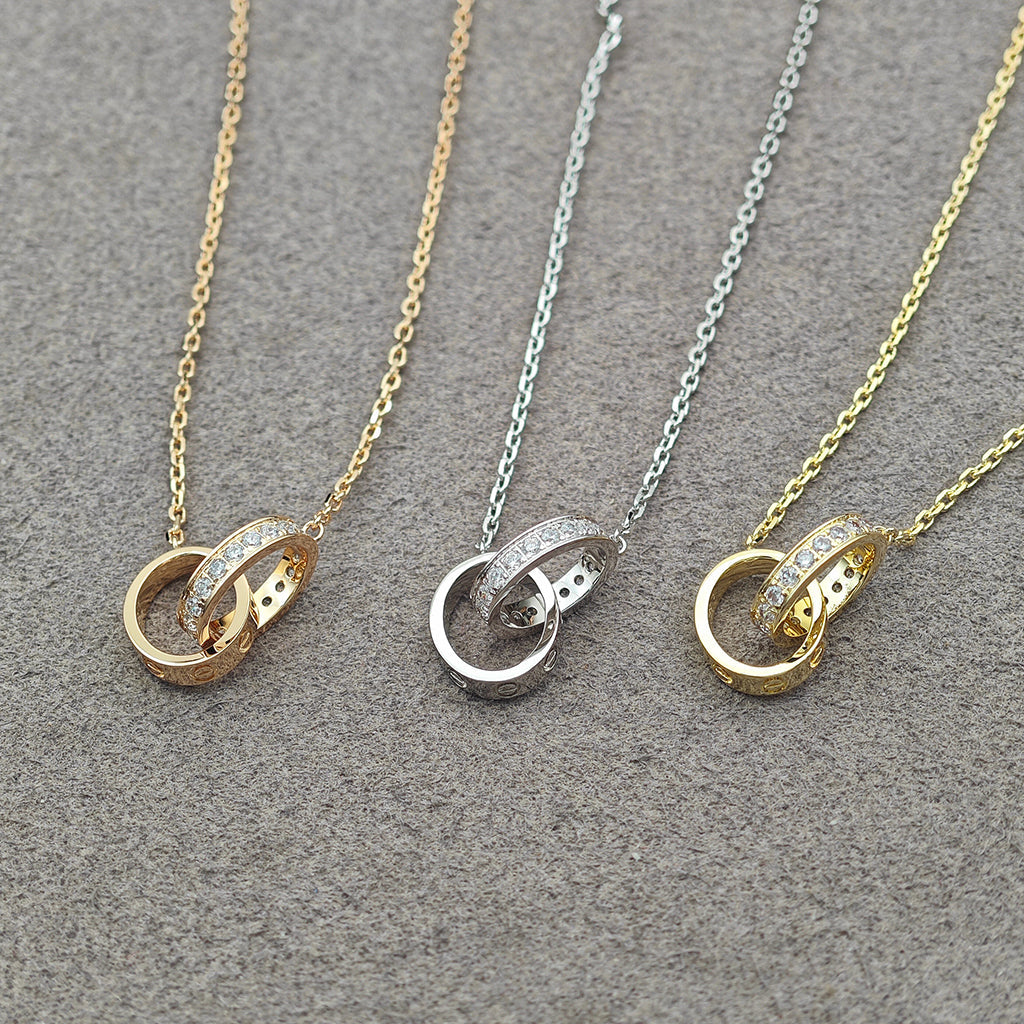 [Love's Uplift]LOVE DOUBLE RING HALF DIAMOND NECKLACE