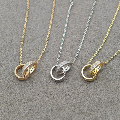 [Love's Uplift]LOVE DOUBLE RING HALF DIAMOND NECKLACE