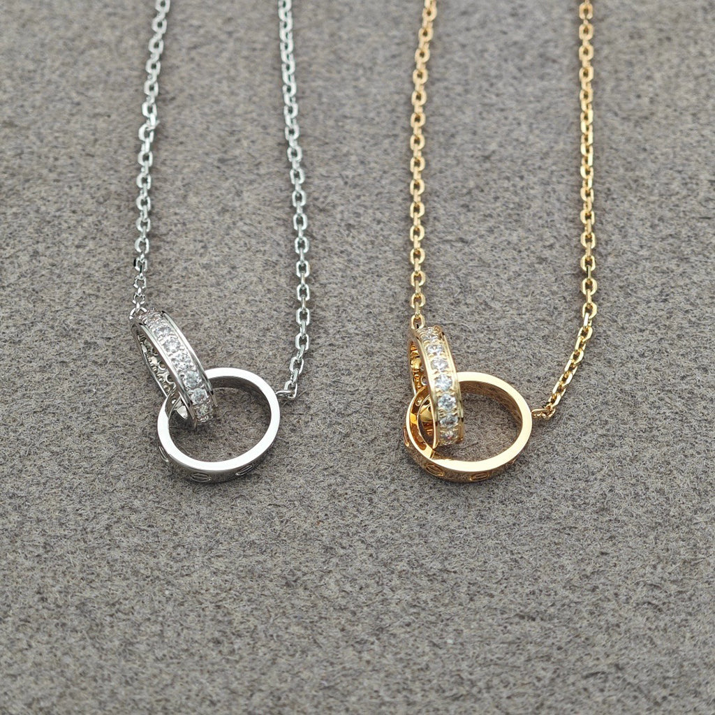 [Love's Uplift]LOVE DOUBLE RING HALF DIAMOND NECKLACE