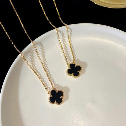 [Love's Uplift]CLOVER 15MM BLACK ONYX SINGLE FLOWER NECKLACE