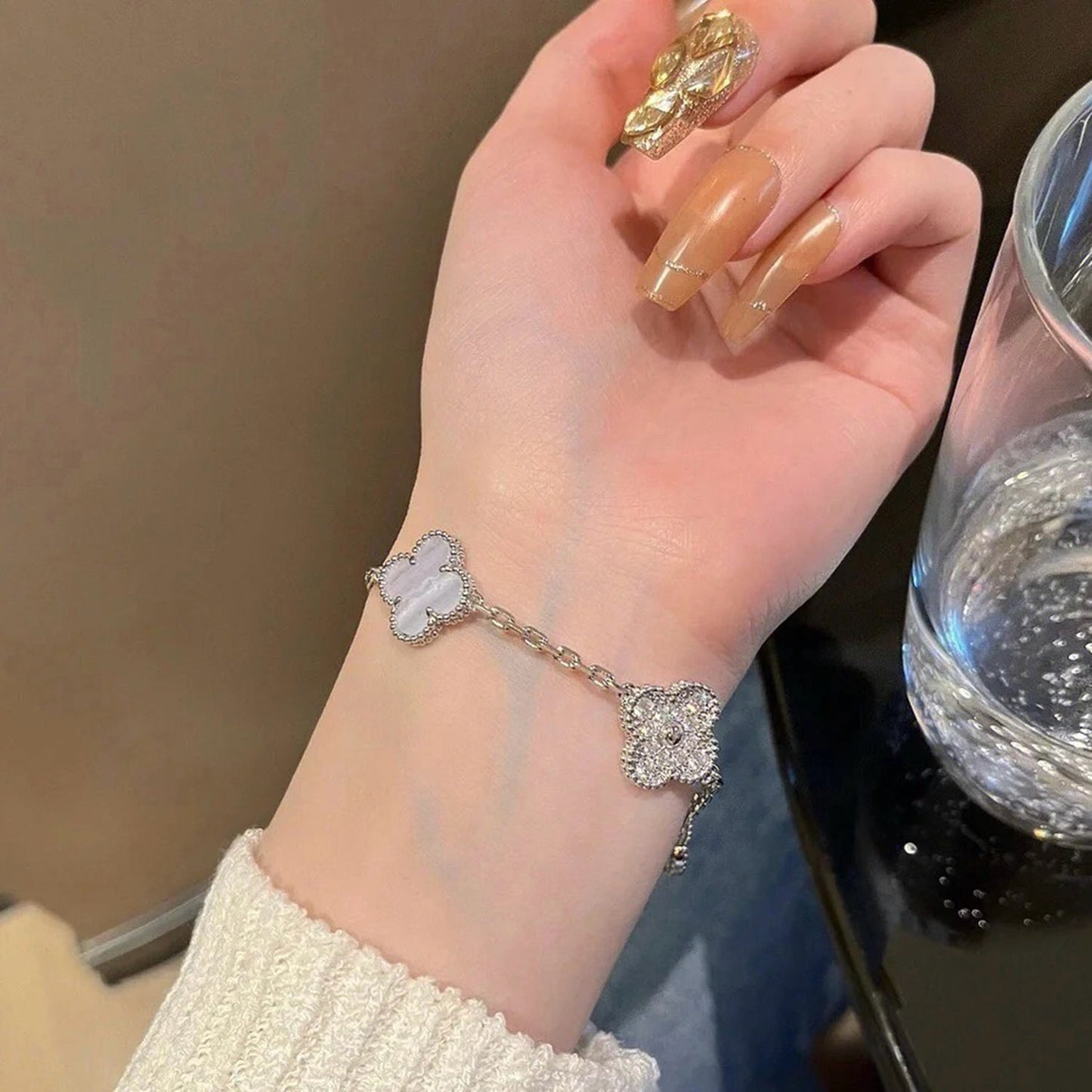 [Love's Uplift]CLOVER  5 MOTIF DIAMOND PURPLE CHALCEDONY BRACELET SILVER
